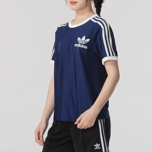 Adidas三叶草女夏季新款条纹速干圆领透气运动休闲短袖T恤IR7466