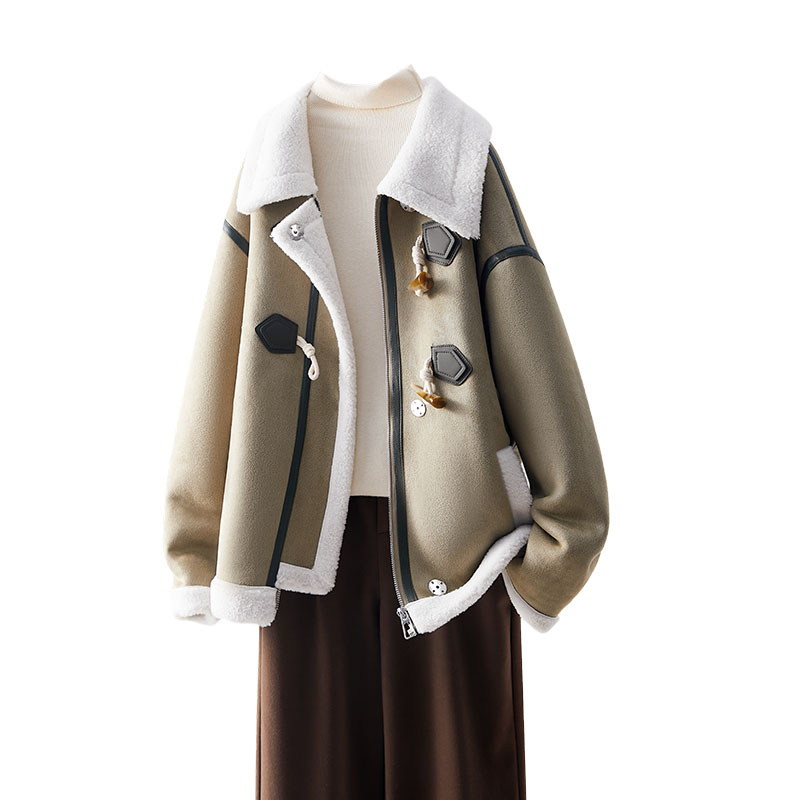 ihimi颗粒绒皮夹克开衫女2023春冬新款上衣皮衣加厚宽松短款外套-优惠