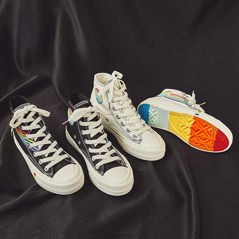 彩虹底帆布鞋女夏季2019新款学生休闲鞋韩版百搭ins潮街拍高帮鞋