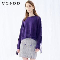 CCDD2019秋装新品专柜正品个性圆领落肩长袖针织毛衫女紫色上衣