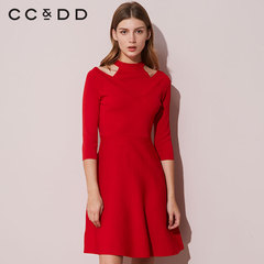 CCDD春装新品专柜优雅气质红色修身女长袖连衣裙