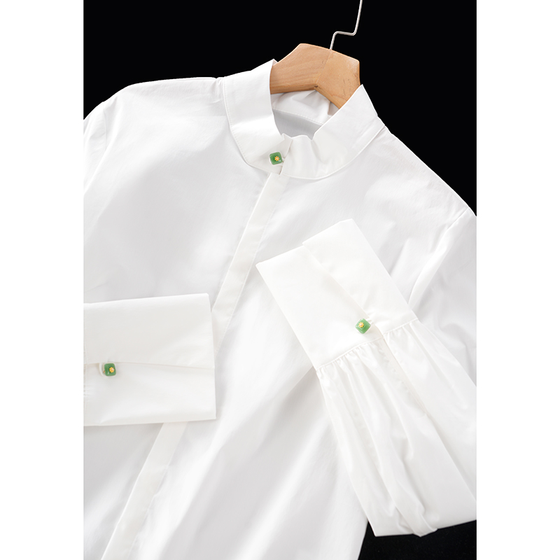 爱琴海女装Upinlook 新中式白衬衫 绿扣立领 高支棉气质上衣89769