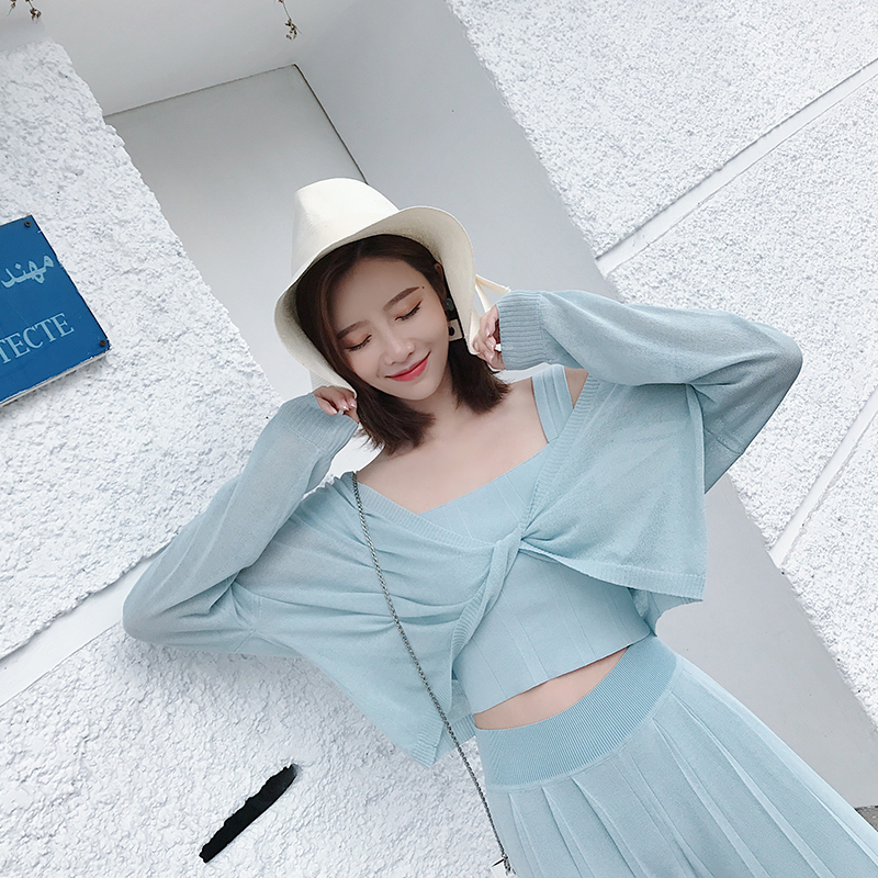 子晴冰丝针织套装女夏2018新款防晒开衫吊带背心女阔腿裤三件套装