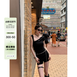 酒一自制 | 风吹半夏 | 辣妹黑色斜领短袖T恤女夏季2024新款上衣