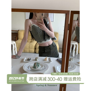 JOEYJOY酒一黑色格子抹胸上衣女新款时尚蕾丝打底夏辣妹修身吊带