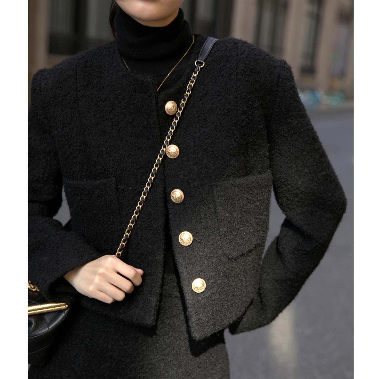 zinko黑色小香风金扣单排扣廓形羊毛呢短款厚外套大衣女冬