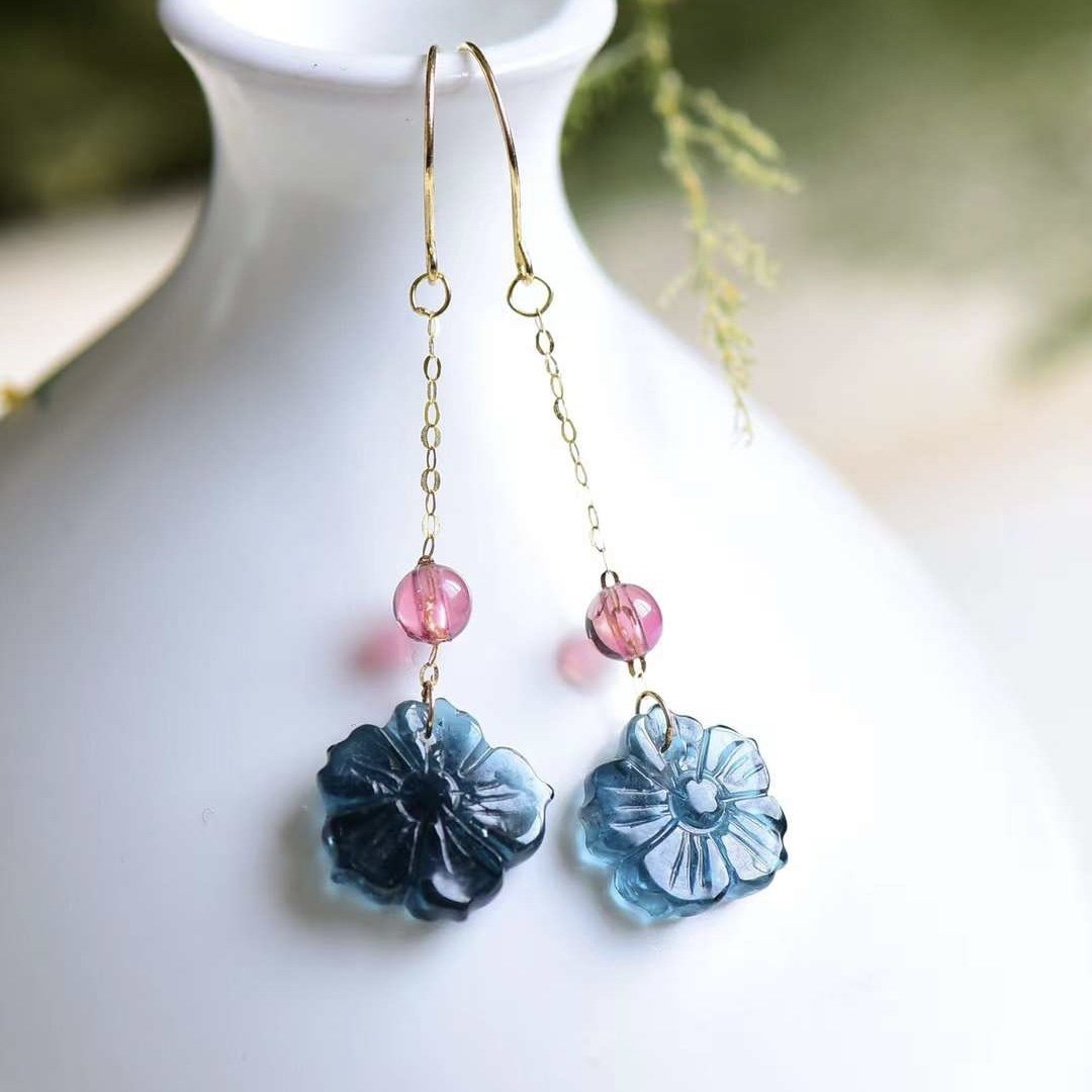 天然巴西玻璃体蓝碧玺小花耳坠18k金镶嵌花开富贵耳钩耳环耳饰女