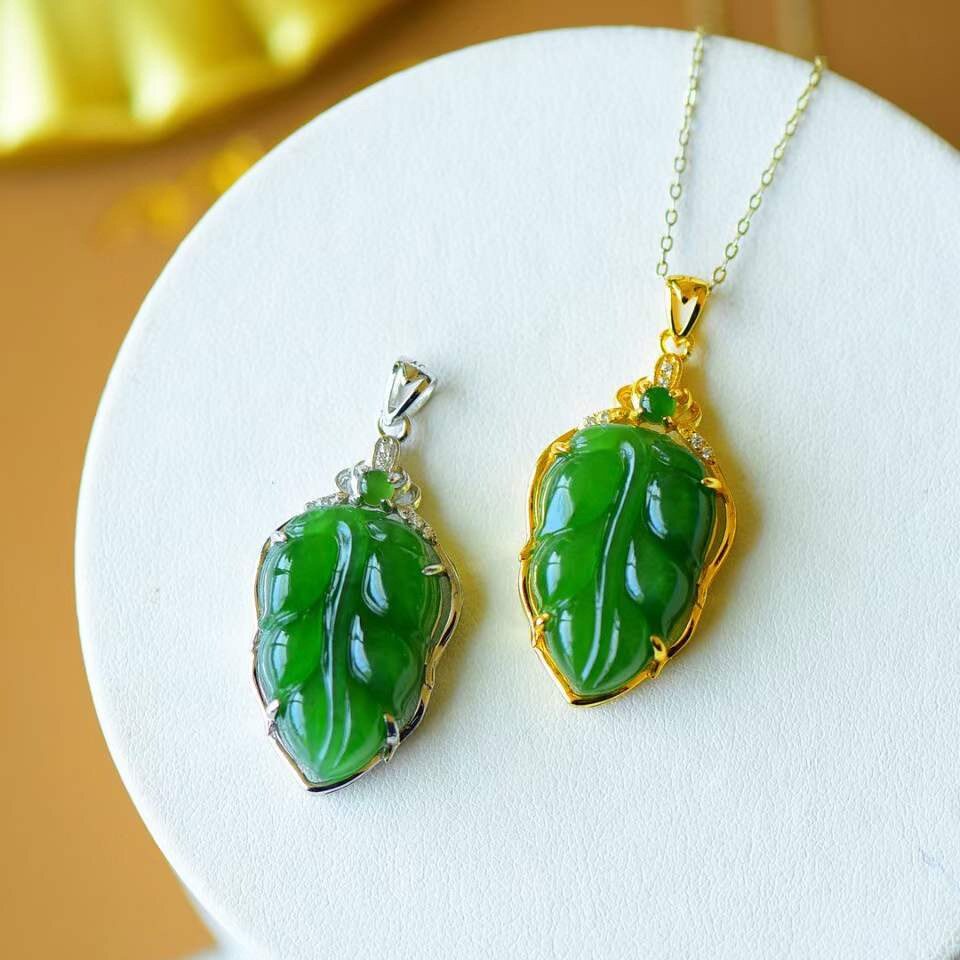 天然新疆和田碧玉树叶吊坠925纯银镶嵌菠菜绿金枝玉叶锁骨链项链