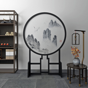 中式实木圆形屏风玄关隔断客厅时尚简约办公茶室定制禅意山水座屏