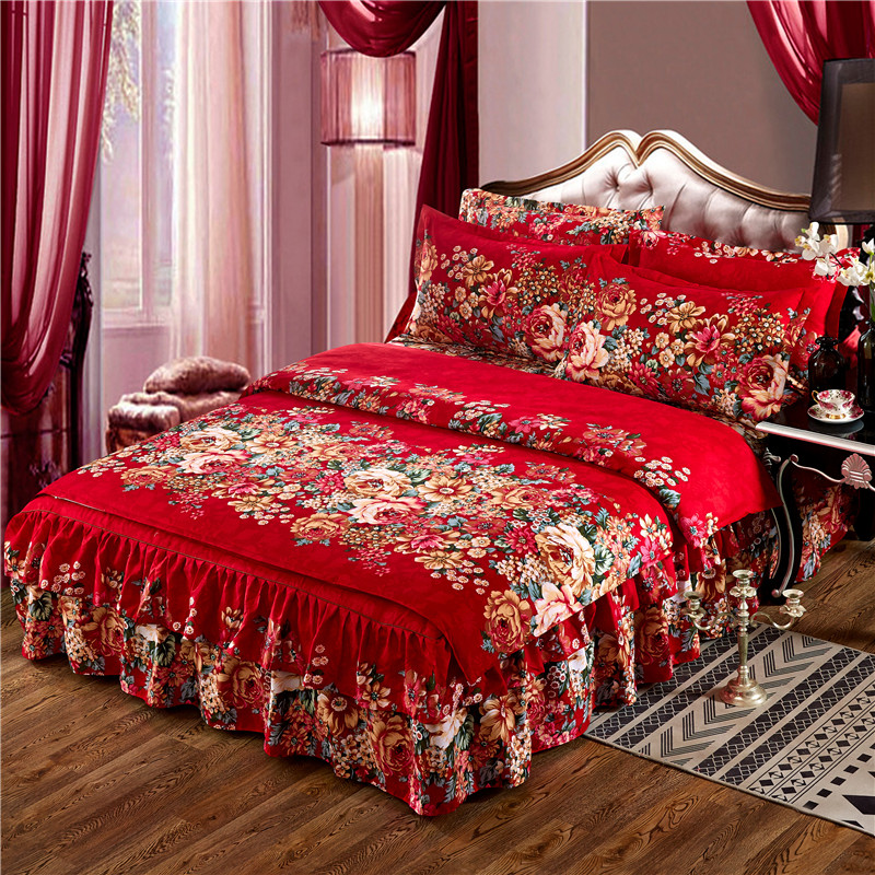 床上用品床裙款植物羊绒磨毛棉四件套被罩公主风床套床罩被套套件
