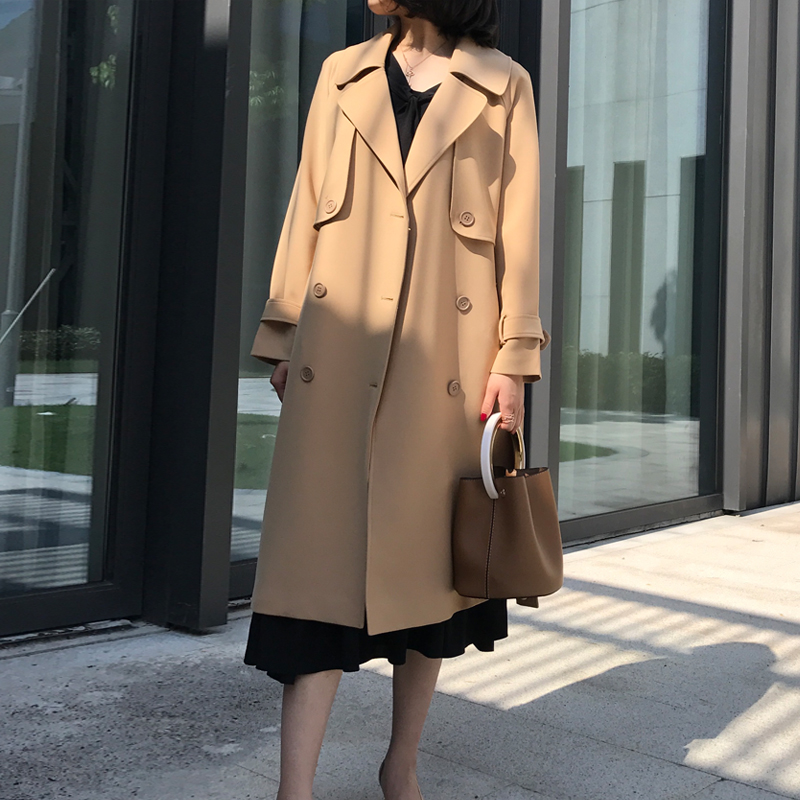 2017秋装新款气质双排扣英伦风宽松卡其色过膝中长款风衣女装外套