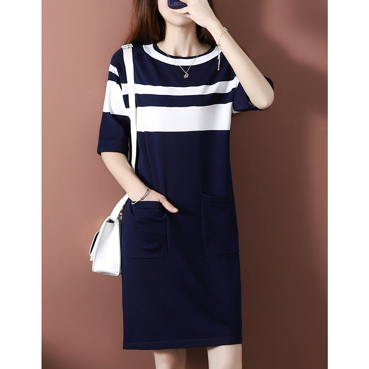 2021夏季小个子宽松休闲条纹撞色连衣裙女中长款t恤裙短袖针织裙