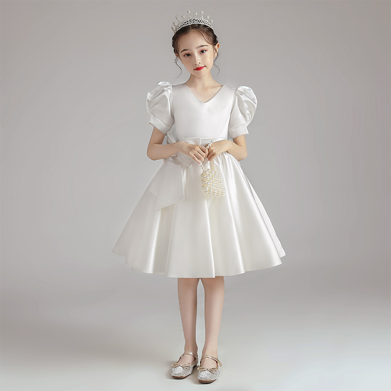 定制儿童礼服主持人生日花童洋气公主裙白色缎面女童钢琴演奏蓬蓬