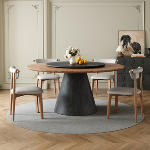 白蜡木圆形餐桌带转盘现代简约小户型复古饭桌客厅家用餐桌椅组合