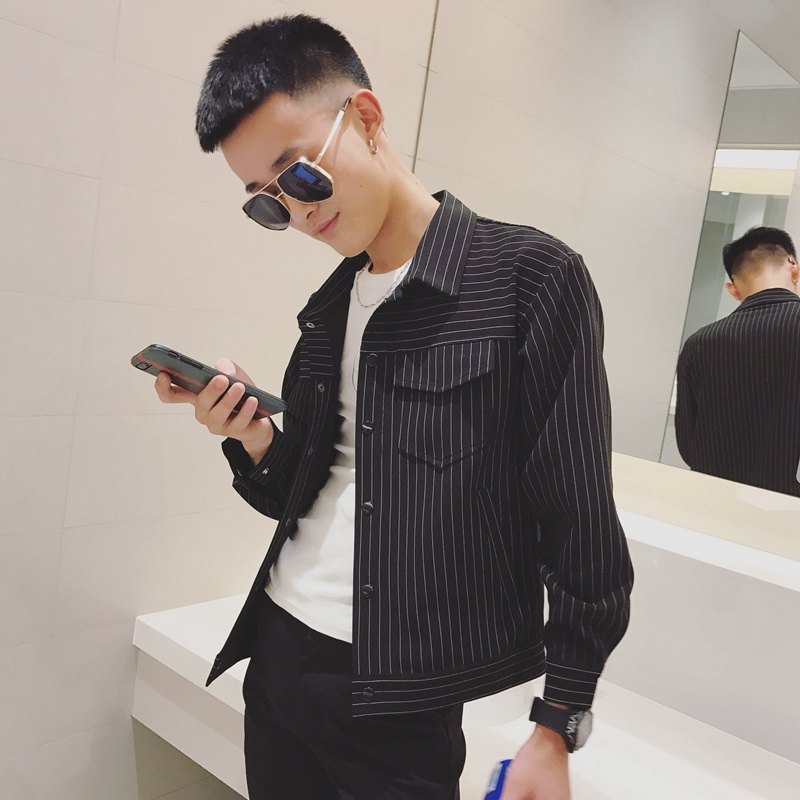 显瘦短装夹克男秋季韩版潮流修身小西服社会精神小伙条纹痞帅外套