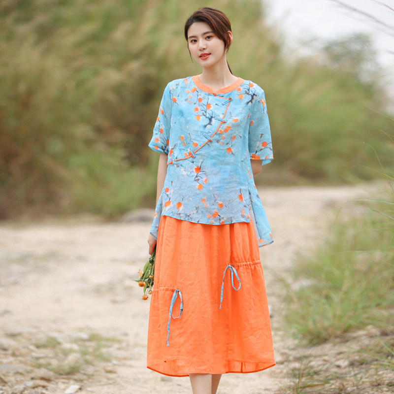 (清仓特价)棉麻女装新款高端苎麻套装宽松上衣两件套苎麻半身裙