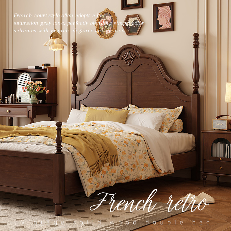 卡答美式复古双人床现代简约法式全实木床雕花罗马柱主卧室结婚床