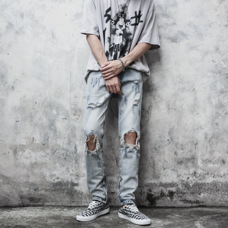 欧美高街水洗泼墨破洞牛仔裤男贴布格子裤修身显瘦弹力小脚乞丐裤