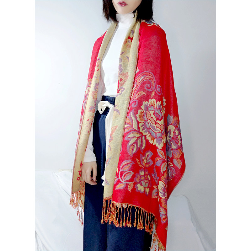 春秋棉提花流苏围巾女日系文艺时尚旗袍披肩两用出游防晒大披巾