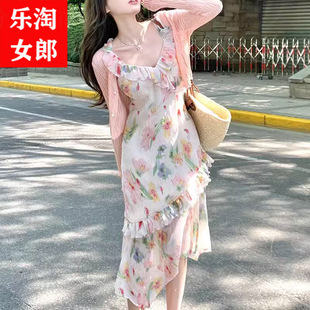 裙子法式绝美气质吊带碎花雪纺开叉连衣裙子女2024夏季新款