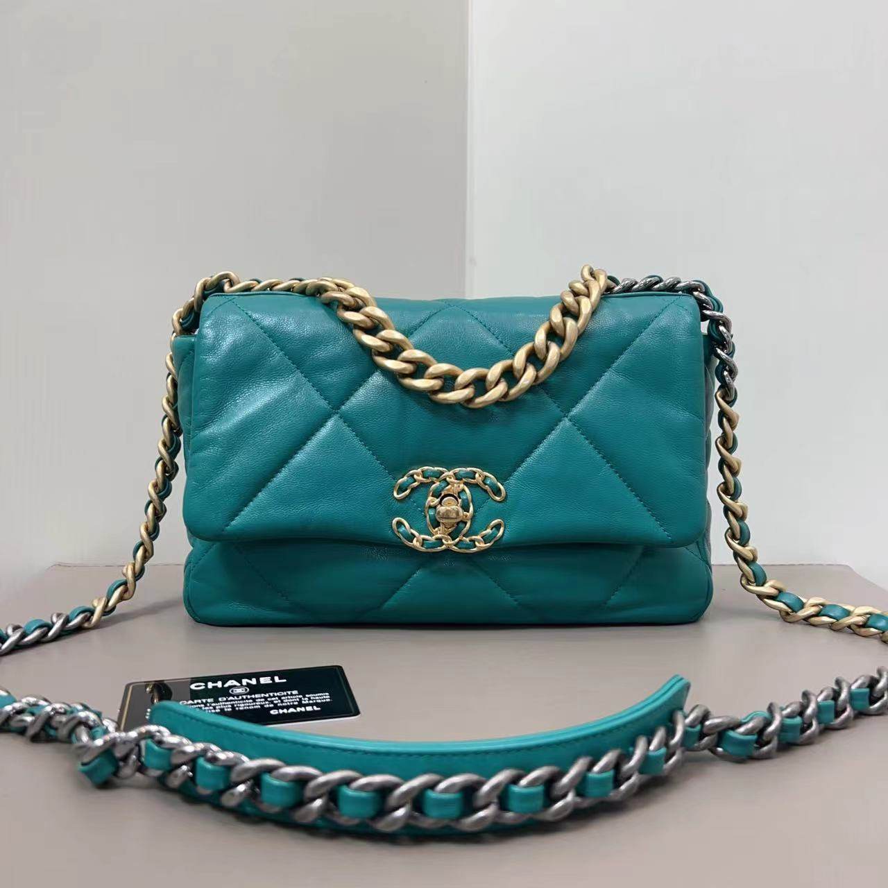 98新chanel/香奈儿 19bag孔雀绿菱格纹口盖链条包手提单肩斜挎包