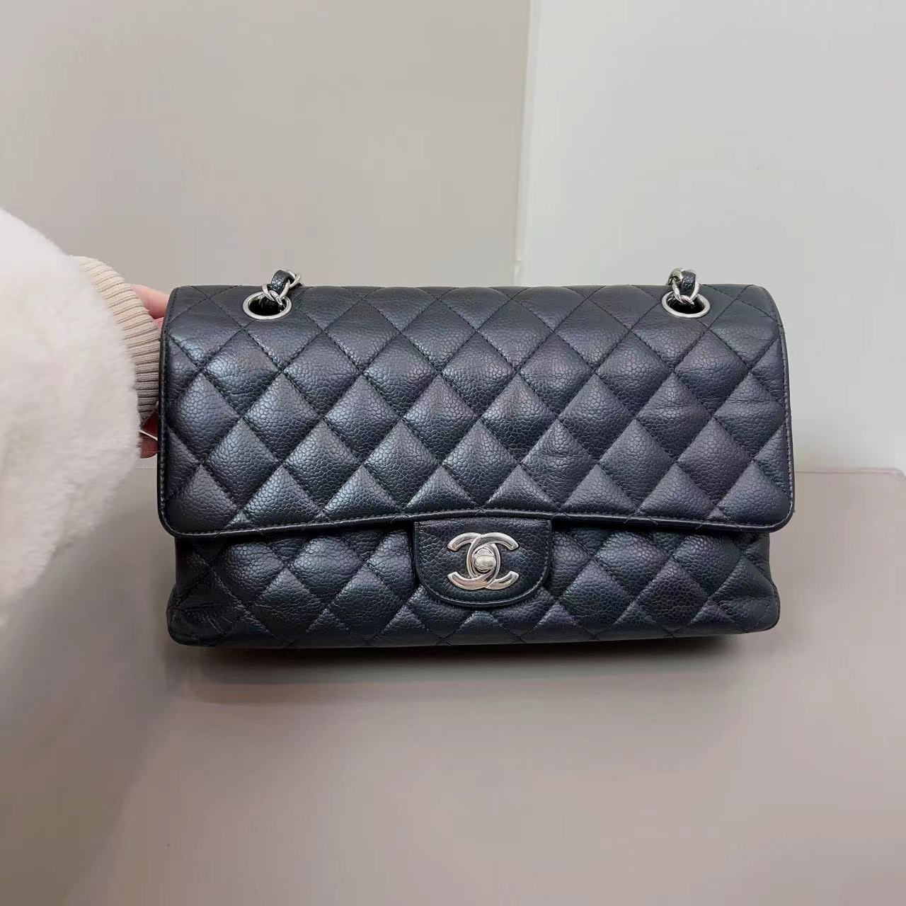 97-98新chanel/香奈儿 cf中号黑银荔枝牛皮菱格纹链条包单肩斜挎