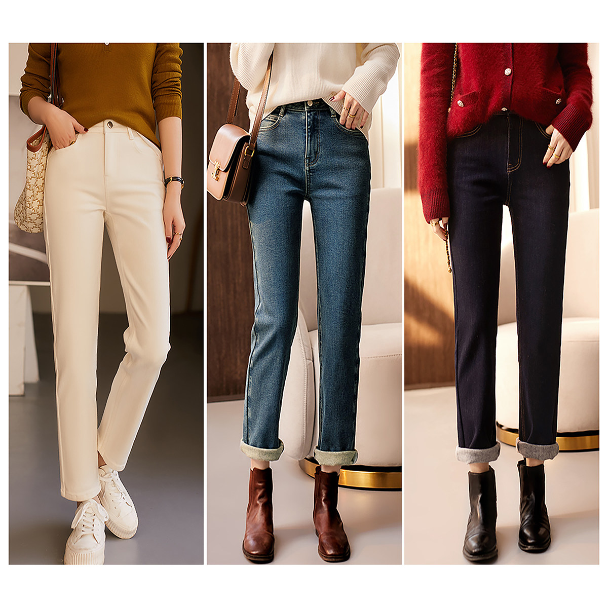 [kzk566478vg]裤型优秀 法棍裤 /显瘦休闲抓绒高腰直筒牛仔裤