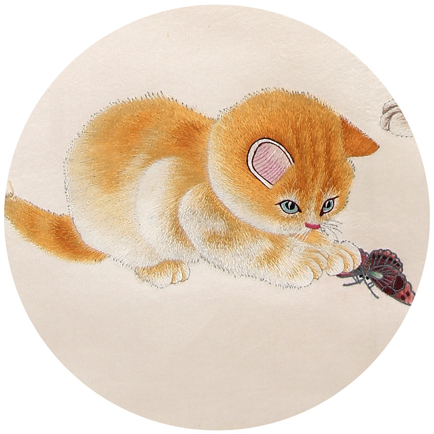 湘绣单面绣 三猫戏蝶图 国家非遗 手工刺绣卷轴壁挂