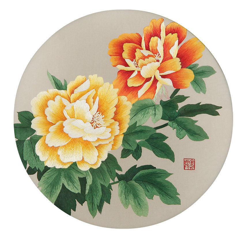 湘绣手工刺绣 双面绣精品摆件 黄牡丹