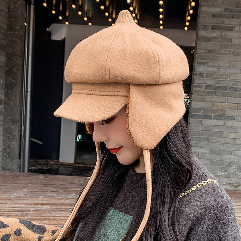 卡其色帽子女冬百搭八角毛呢护耳帽秋冬季可爱日系保暖加绒韩版潮