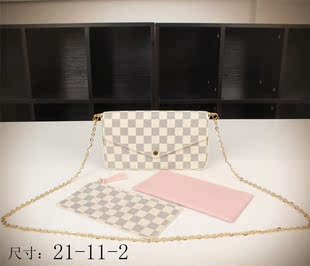 lv的三合一棕色棋盤格 歐洲站經典棋盤格女包白色時尚單肩青銅鏈條信封包卡包三件套 lv包三合一