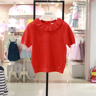 PERIMITZ女童红色翻领套头针织衫韩国代购24夏季T恤透气短袖纯棉