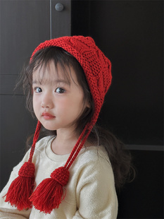 超火小孩帽子冬款红色百搭儿童毛线帽子护耳女童针织帽可爱小公主