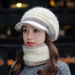冬季兔毛帽子女户外甜美保暖针织帽护耳防风毛线帽2021鸭舌贝雷帽