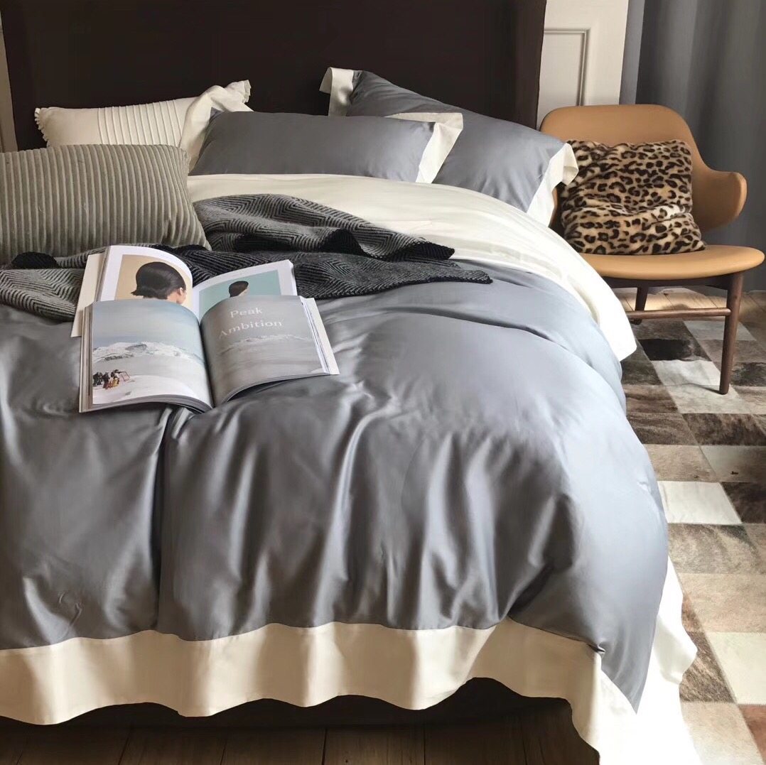 纯色四件套全棉贡缎简约床上用品60支长绒棉高级灰1.8m拼色四件套