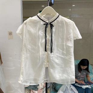 韩国chic复古时尚立领衬衫女装高级感气质短袖上衣2024夏季新款