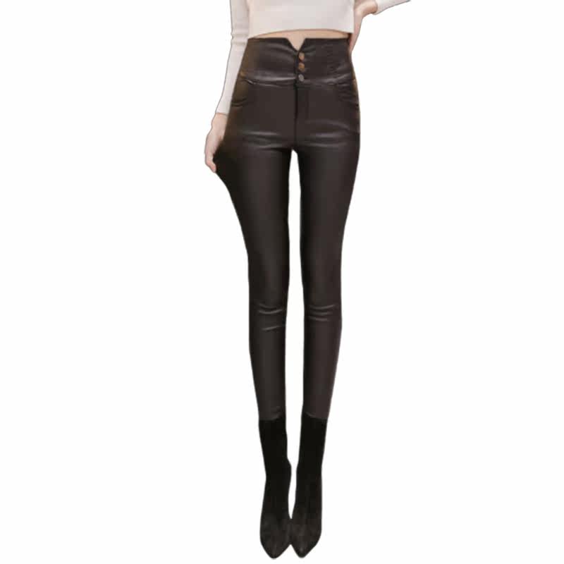 外穿打底裤女春装2020新款高腰显瘦后背蕾丝加绒弹力pu皮裤小脚裤