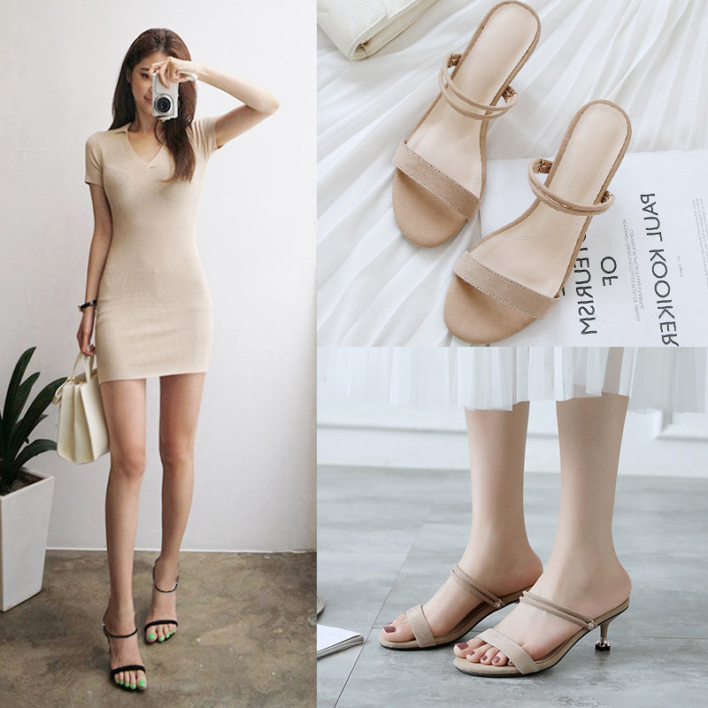 凉拖鞋女夏外穿时尚2018新款网红半拖鞋女高跟两穿一字带猫跟凉鞋