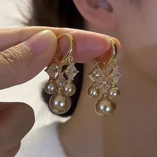 三生三世珍珠水晶锆石耳环2024年奢华款香槟金色优雅气质大气耳饰