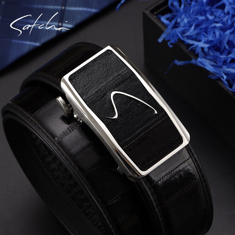 沙驰皮带男真皮商务大气高端裤袋休闲正品鳗鱼皮不锈钢自动扣腰带