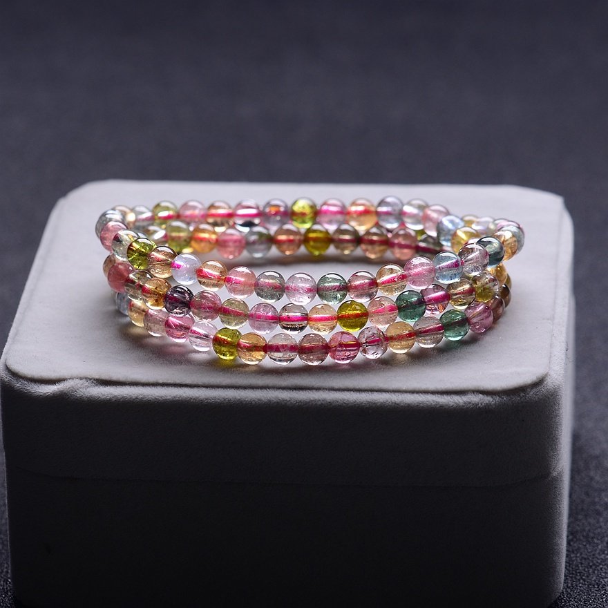 隆祥收藏 极品浅色系彩虹碧玺多圈手链 晶体通透