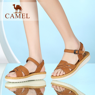 古馳co Camel 駱駝女鞋 2020夏季新款休閑復古 磨砂牛皮搭扣中跟涼鞋女 古馳包
