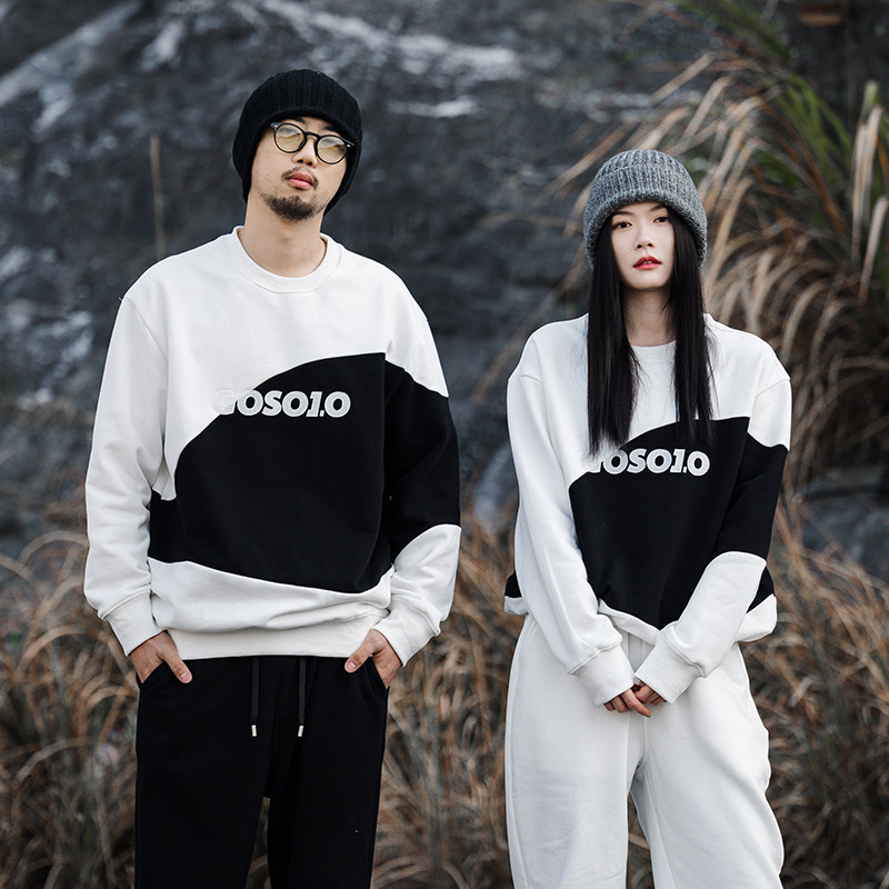 gosolo赤焰男孩magnetic黑白拼接加绒纯棉套头圆领卫衣春秋男女款