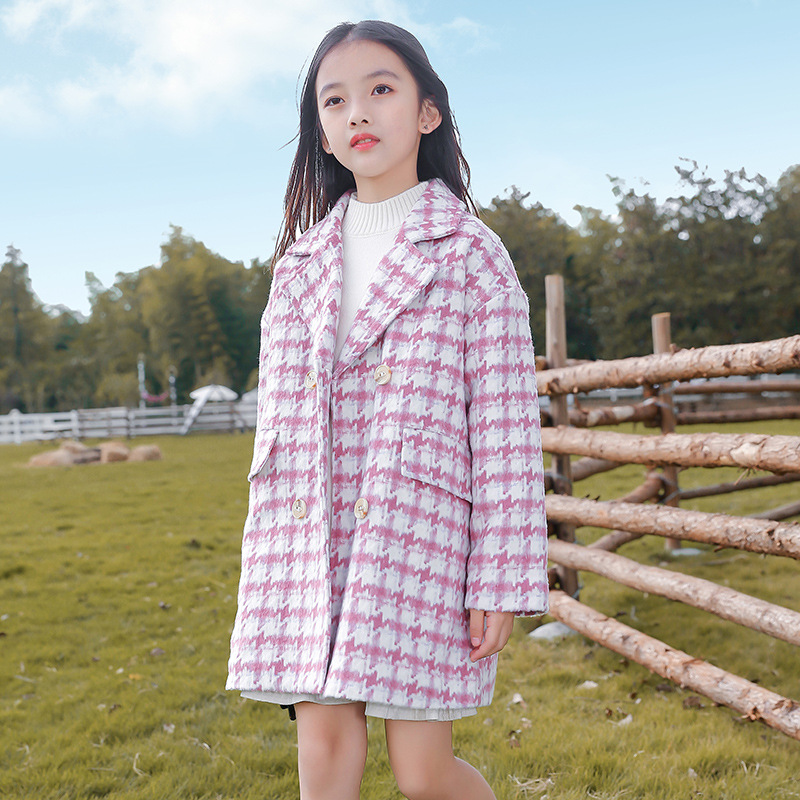 Girls Jacket Autumn 2021 new pattern Little Girl temperament Big boy houndstooth Mid length version Woollen cloth overcoat Overkneein the Children/Baby/Family fitted , Coat/Jacket/Overcoat , Jacket/Leather clothing category - from Buy2taobao.com to provide professional Taobao agent buy service