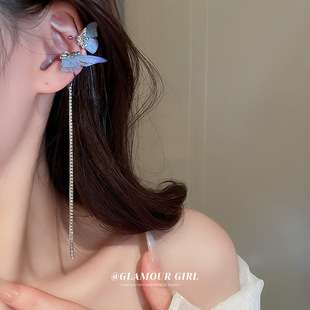 镶钻紫色蝴蝶流苏耳夹韩国小众设计无耳洞耳骨夹个性气质耳饰