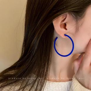 925银针克莱因蓝色耳钉耳环欧美潮流时尚夸张耳圈网红新款耳饰品