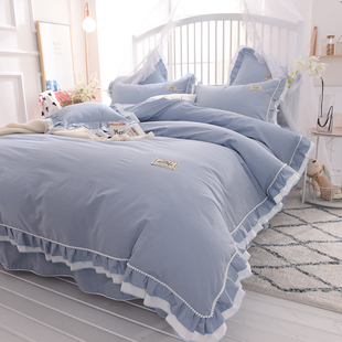 韩式简约纯色公主风床上四件套全棉纯棉荷叶边床单被套1.8m床品夏
