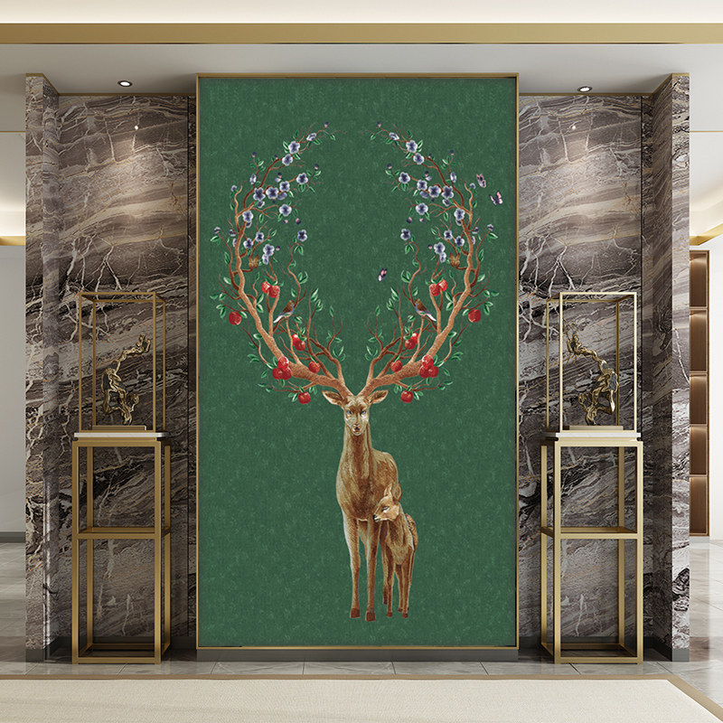 日康独绣装饰隔断壁画墙布玄关背景墙鹿头北欧现代客厅刺绣墙布