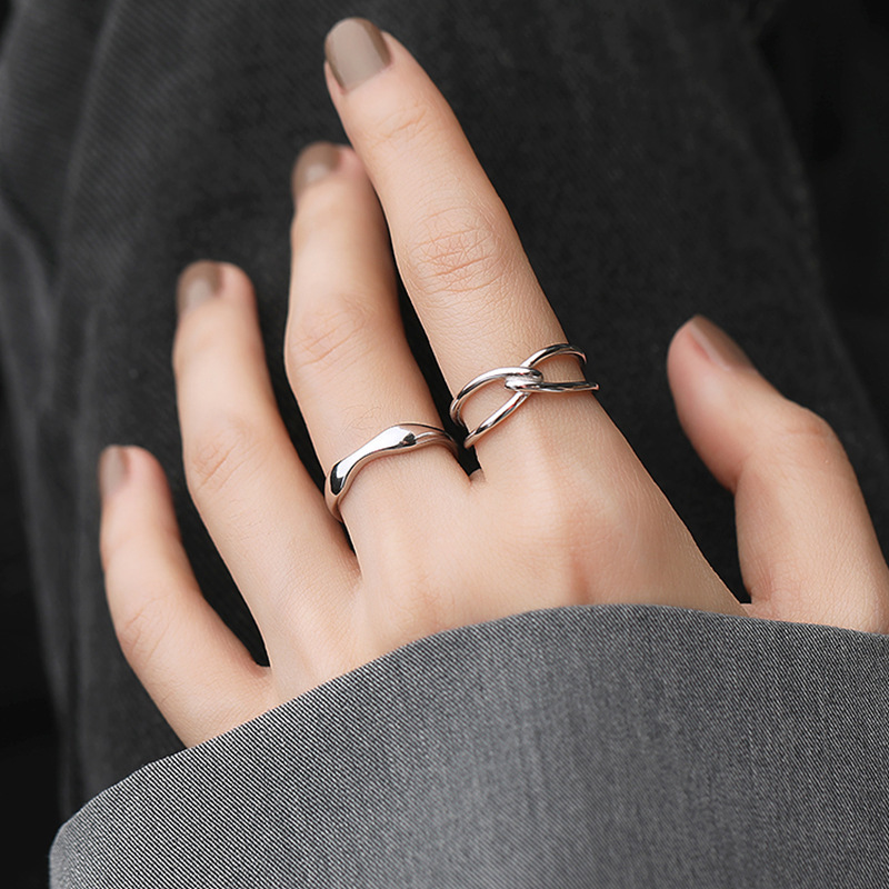 韩国时尚简约叠戴复古戒指女925银ins个性百搭学生几何开口食指环