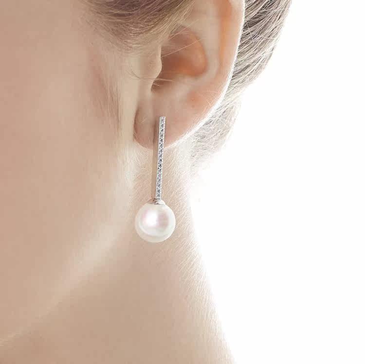 西班牙代购majorica欧洲皇室品牌竖一钻石镶嵌10毫米珍珠耳钉